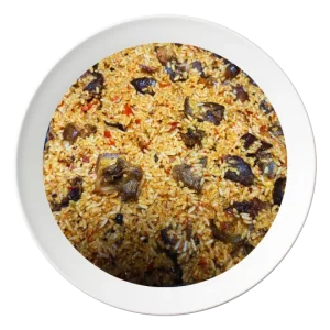 A plate of Asun rice, a spicy Nigerian goat meat rice dish, available in Bolingbrook, Illinois.