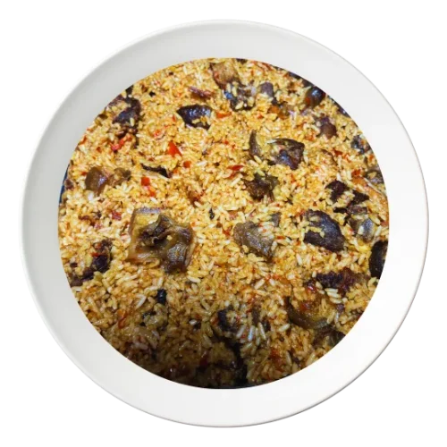 A plate of Asun rice, a spicy Nigerian goat meat rice dish, available in Bolingbrook, Illinois.