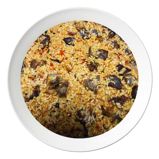 A plate of Asun rice, a spicy Nigerian goat meat rice dish, available in Bolingbrook, Illinois.