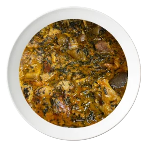 A plate of Bitter leaf soup (Ofe Onugbu), a traditional Igbo soup, order in Bolingbrook, Illinois