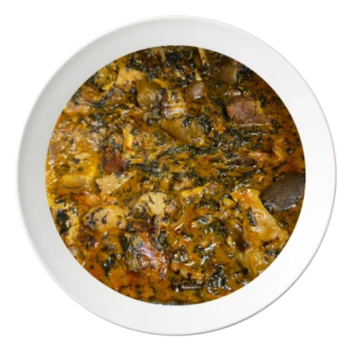 A plate of Bitter leaf soup (Ofe Onugbu), a traditional Igbo soup, order in Bolingbrook, Illinois
