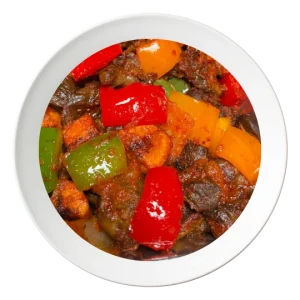 A plate of Gizzardodo, a Nigerian gizzard and plantain dish, available in Bolingbrook, Illinois.