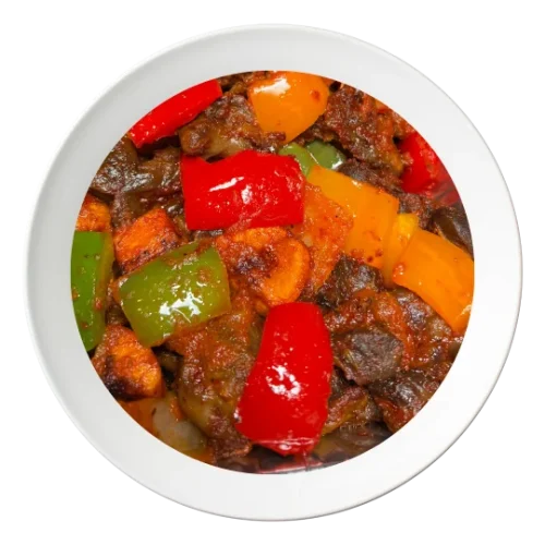 A plate of Gizzardodo, a Nigerian gizzard and plantain dish, available in Bolingbrook, Illinois.