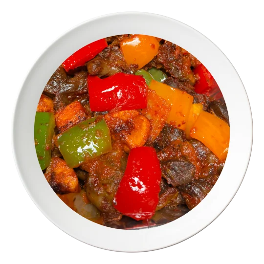 A plate of Gizzardodo, a Nigerian gizzard and plantain dish, available in Bolingbrook, Illinois.
