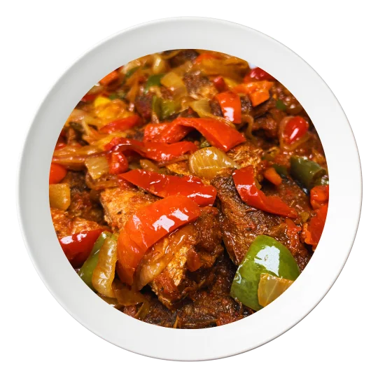 A plate of Hake whitening fish, cooked with Nigerian spices, order in Bolingbrook, Illinois.
