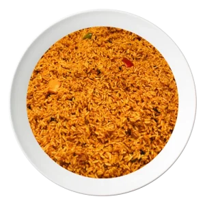 jollof-rice-plate-bolingbrookil-us A plate of Jollof rice, a classic Nigerian party rice, available for takeout in Bolingbrook, Illinois.