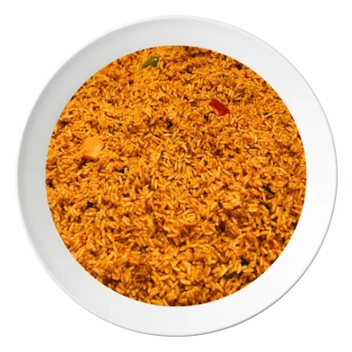 A plate of Jollof rice, a classic Nigerian party rice, available for takeout in Bolingbrook, Illinois.