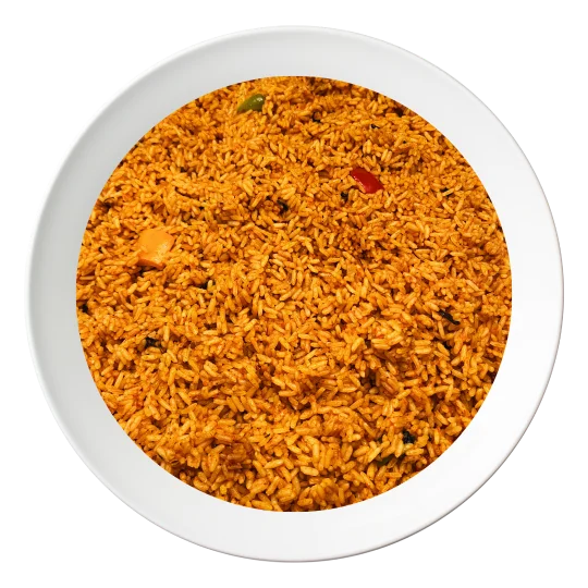 jollof-rice-plate-bolingbrookil-us A plate of Jollof rice, a classic Nigerian party rice, available for takeout in Bolingbrook, Illinois.