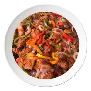 A plate of mixed meats, cooked in Nigerian style, order in Bolingbrook, Illinois.