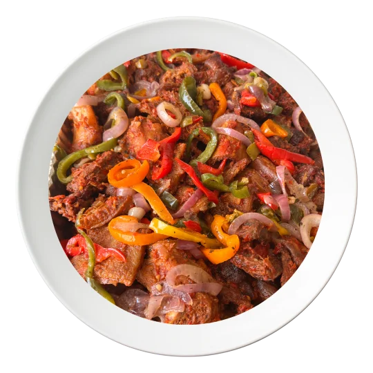 A plate of mixed meats, cooked in Nigerian style, order in Bolingbrook, Illinois.