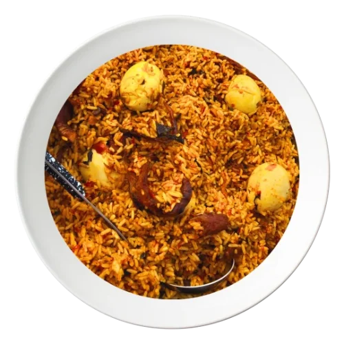 A plate of Native rice, a traditional Nigerian local rice dish, order in Bolingbrook, Illinois