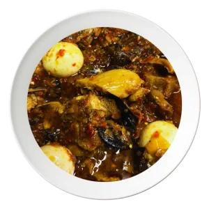 A plate of Ofada Ayamase stew, a Nigerian designer stew, served in Bolingbrook, Illinois