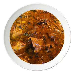 A serving of Ogbono soup, a Nigerian draw soup with assorted meats, available for order in Bolingbrook, Illinois