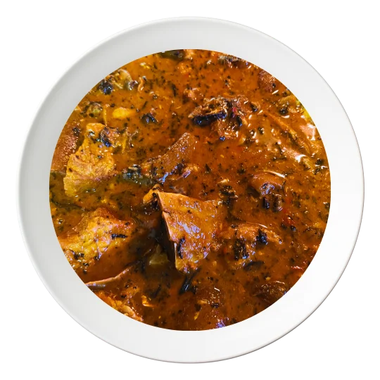 A serving of Ogbono soup, a Nigerian draw soup with assorted meats, available for order in Bolingbrook, Illinois