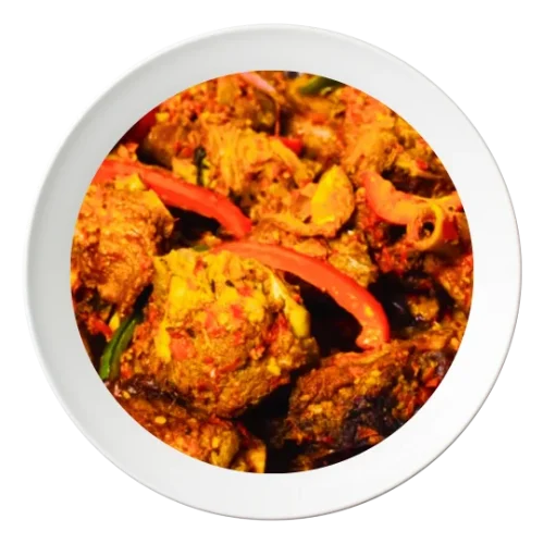 A plate of sautéed turkey, with peppers and Nigerian spices, available in Bolingbrook, Illinois.
