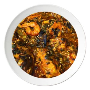 A close-up of Seafood Okra soup, a Nigerian-style soup with okra and various seafood, order in Bolingbrook, Illinois