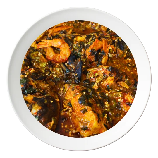 A close-up of Seafood Okra soup, a Nigerian-style soup with okra and various seafood, order in Bolingbrook, Illinois