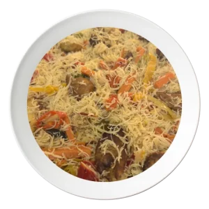 A plate of Singapore stir-fried noodles with vegetables and shrimp, available for takeout in Bolingbrook, Illinois.